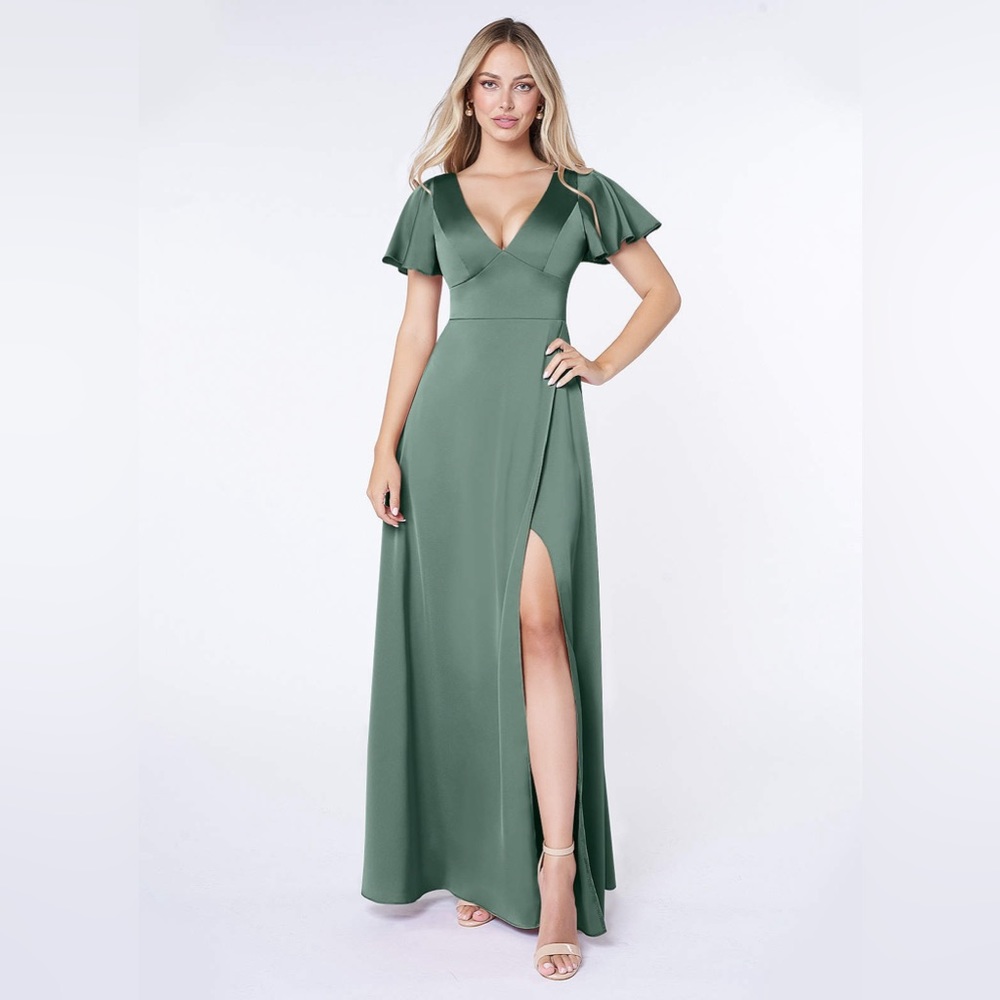 AZAZIE LANI A-Line Flounce Sleeve Stretch Satin Maxi Dress Eucalyptus Size A14